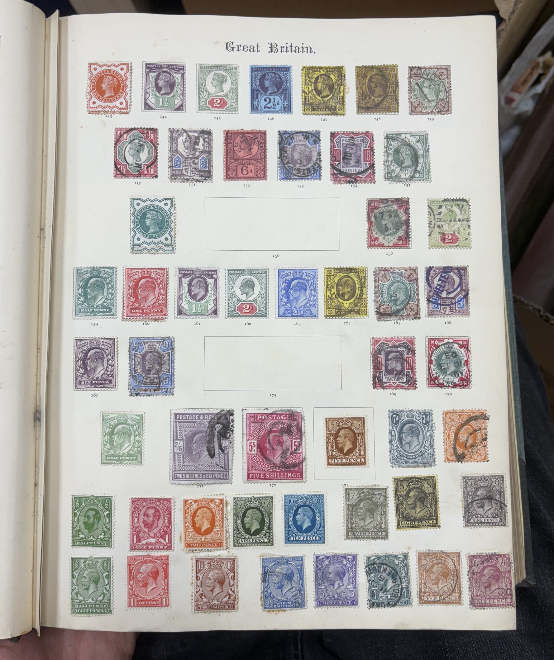 The Imperial Postage Stamp Album in three volumes, containing a stamp collection which includes some early stamps from Great Britain and the Empire, a Penny Black, early penny reds, and twopenny blues, etc. together with